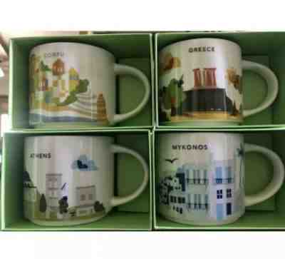 NEW 4 Starbucks Mugs Greece Greek Athens Mykonos Corfu You Are Here YAH 14oz  - Sold on eBay Oct, 17th 2019 for $150.00