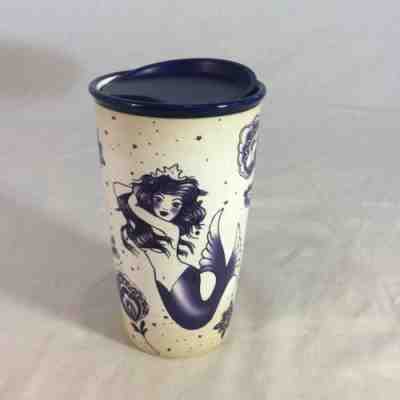 Starbucks sailor tattoo ceramic tumbler 12oz lid mermaid blue euc travel mug  - Sold on eBay Oct, 17th 2019 for $77.77