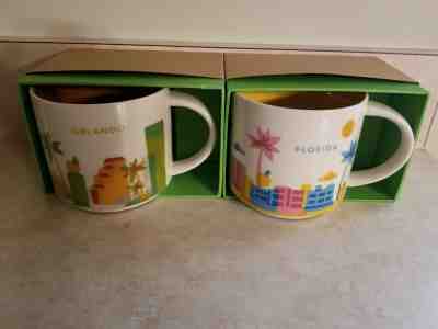 Starbucks PAIR Orlando & Florida YAH You Are Here 14oz Mugs RETIRED - NEW IN BOX - Sold on eBay Oct, 16th 2019 for $39.95