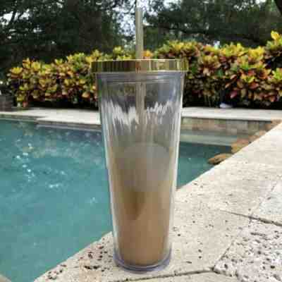 Starbucks 2014 Gold Tumbler Venti Laser Cut Gold Lid Mug Straw 24 Oz Acrylic - Sold on eBay Oct, 16th 2019 for $24.00