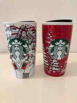 Set STARBUCKS 2016 & 2017 CHRISTMAS Ceramic TRAVEL TUMBLER 12oz MUG COFFEE CUP - Sold on eBay Oct, 16th 2019 for $29.00