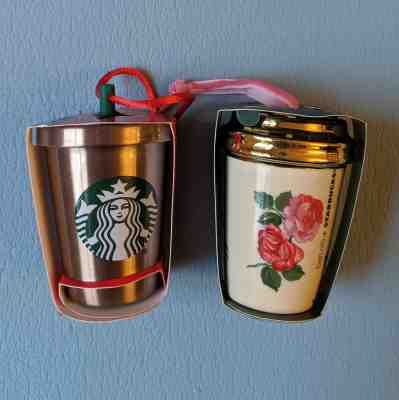 New 2 Starbucks 2018 Xmas Ornaments - Steel Cold Cup, Floral Ban.do ceramic  - Sold on eBay Oct, 15th 2019 for $15.99