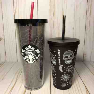 2019 Starbucks Halloween Skull Tumbler 16oz Purple/Black & Spiderweb 24 Oz - Sold on eBay Oct, 15th 2019 for $88.00