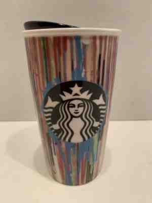 STARBUCKS 2015 Paint Drip Stripes 12oz Ceramic Travel Tumbler Mug Coffee Painted - Sold on eBay Oct, 15th 2019 for $15.99