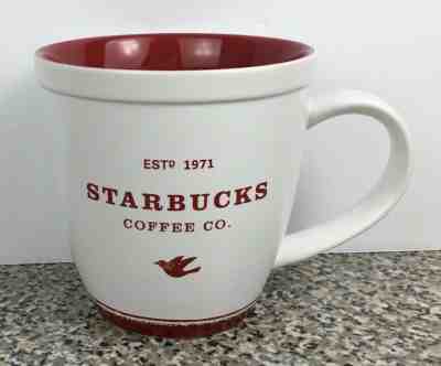 Starbucks Holiday Abbey White Mug Red Lettering Dove 18 oz Est 1971 Coffee Cup