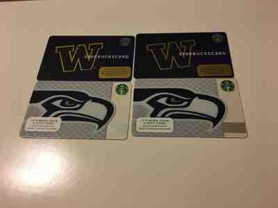 TWO Starbucks SEAHAWKS 2013 cards & TWO Starbucks UW cards - Sold on eBay Oct, 15th 2019 for $67.00