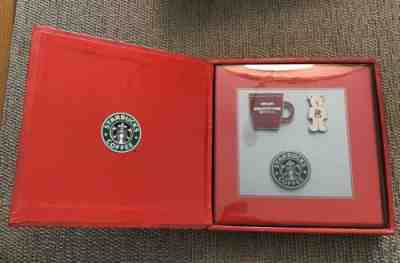 NIB Starbucks 2003 Holiday Pin Set:  Bearista Bear, Abby Mug And Vintage Logo - Sold on eBay Oct, 14th 2019 for $27.99