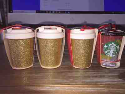 LOT OF 4 STARBUCKS GLITTER CUP ORNAMENT BRAND NEW 3 GOLD CERAMIC & 1 MULTI COLOR - Sold on eBay Oct, 14th 2019 for $25.00