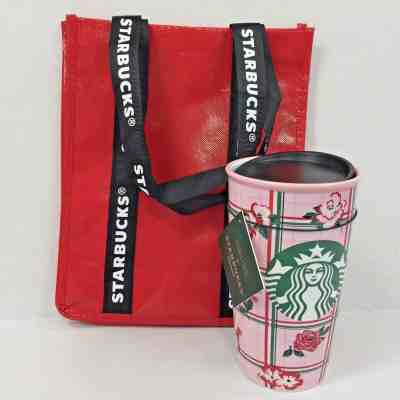 2018 Starbucks Bando FLORAL Pink Plaid Rose Mug Travel Cup Ban.do Holiday Tote - Sold on eBay Oct, 14th 2019 for $38.25