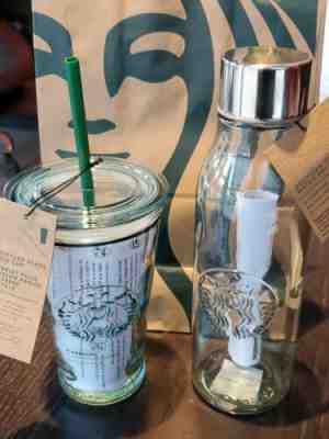 Combo Starbucks Recyled Glass Water Bottle/ Cold Cup - Sold on eBay Oct, 13th 2019 for $67.00