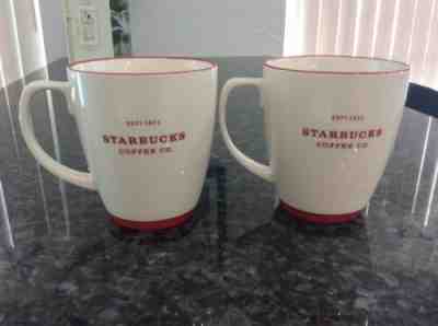 STARBUCKS 2007 Set Of Two Abbey Tea Coffee Mugs 18 Fl Oz White w/Red Trim - Sold on eBay Oct, 13th 2019 for $26.00