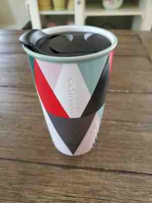 STARBUCKS Ceramic Double Wall Travel Mug 12 oz Colored Triangles Etched Letters - Sold on eBay Nov, 6th 2019 for $16.99