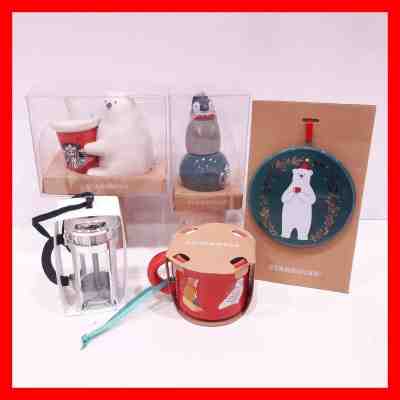 Starbucks 2019 Ornament Set of 5 -OWL POLAR BEAR FOX Red Cup Wreath Coffee Press - Sold on eBay Nov, 6th 2019 for $99.99