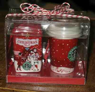 STARBUCKS 2007 CHRISTMAS ORNAMENTS - Cup and Bag of Coffee 2 1/2" tall - Sold on eBay Nov, 5th 2019 for $18.95