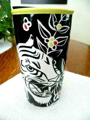 Starbucks 2018 Sumatra Tiger Black and White 12 oz Ceramic Travel Tumbler - Sold on eBay Nov, 4th 2019 for $16.95