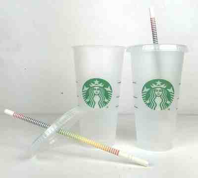 Set of 2 Starbucks Frosted Plastic Venti 24 oz Cold Cups and Rainbow Straws - Sold on eBay Nov, 4th 2019 for $19.99