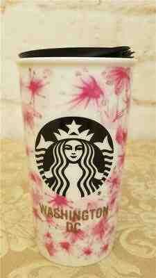 New Starbucks Washington DC Ceramic Travel Tumbler Mug w/Lid Pink Blosssoms