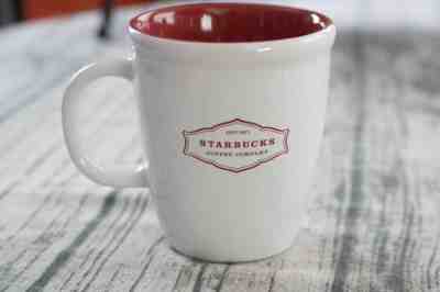 Starbucks 2006 13 oz White Abbey Coffee Mug Red with Red lettering - Sold on eBay Nov, 4th 2019 for $15.00