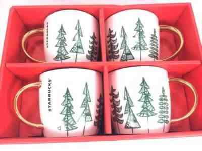 4 Starbucks Christmas Mugs New In Box Green Trees Gold Handle 2015 - Sold on eBay Nov, 4th 2019 for $16.99