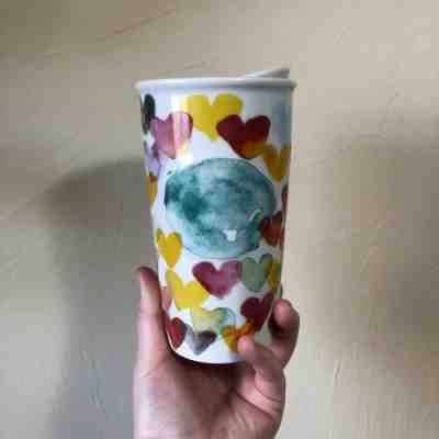 Starbucks 2015 Watercolor Hearts Ceramic Travel Mug Tumbler 10oz Rainbow Colors - Sold on eBay Nov, 3rd 2019 for $24.00
