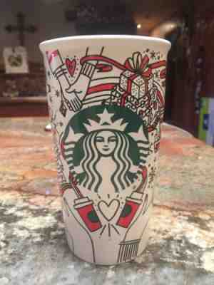 Starbucks Christmas Travel Tumbler Mug 12 oz Red Black & White Holiday - Sold on eBay Nov, 3rd 2019 for $17.49