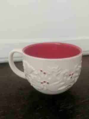 Starbucks Christmas Coffee Mug 2008 Holly Berry Dove Tree Embossed Red White Cup - Sold on eBay Nov, 2nd 2019 for $16.99