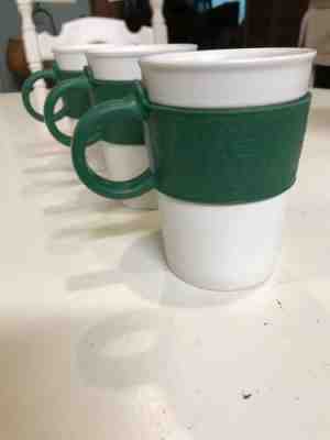 3-Starbucks Tall White Mug Green Rubber Grip Sleeve Handle 12 oz Coffee Cup 2008 - Sold on eBay Oct, 31st 2019 for $46.00