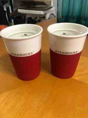 Starbucks White Bone China 8 Oz Travel Mugs Red Silicone Set Of 2 2011 Tumbler - Sold on eBay Oct, 26th 2019 for $15.00