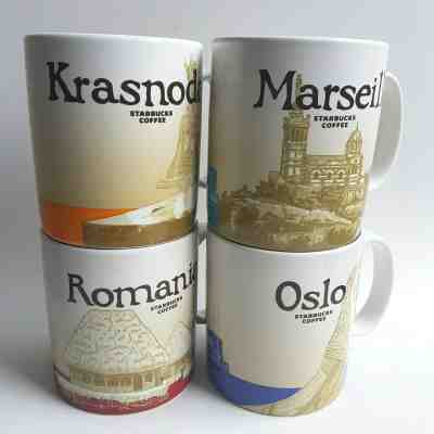 4 Original Starbucks City Mugs 16 oz KRASANODAR, MARSEILLE, ROMANIA, OSLO