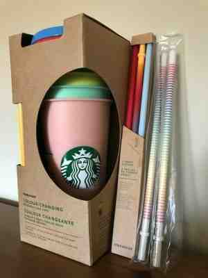 STARBUCKS New Set of 5 Color Changing Reusable Cold Cups & 5 Extra Straws - 24oz - Sold on eBay Sep, 12th 2019 for $149.99