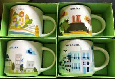 NEW 4 Starbucks Mugs Greece Greek Athens Mykonos Corfu You Are Here YAH 14oz  - Sold on eBay Oct, 5th 2019 for $134.99