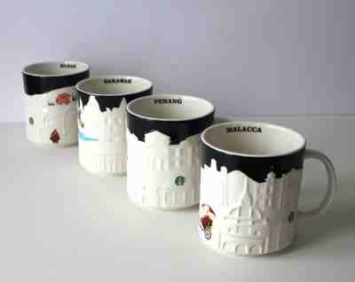 Set of 4 Starbucks Malaysia World City Mugs Malacca Sarawak Sabah Penang White 