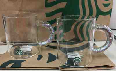 Starbucks 2019 Winter Holiday Clear Glass Mugs Glitter Handle Set of 2 NEW - Sold on eBay Nov, 11th 2019 for $74.95