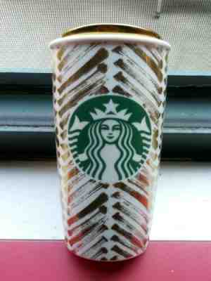 STARBUCKS CERAMIC WHITE/GOLD SIREN CHEVRON DOUBLE WALL TRAVELER COFFEE TUMBLER - Sold on eBay Nov, 13th 2019 for $20.00
