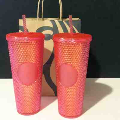 Lot of 2 Starbucks 2019 Neon Pink Holiday Christmas Cold Cups Reusable 24 oz. - Sold on eBay Nov, 13th 2019 for $90.00