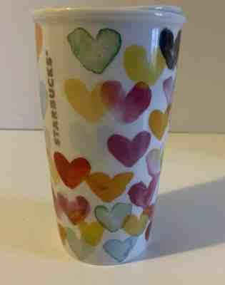 Starbucks Watercolor Hearts Travel Mug 2015 10 Oz Ceramic Coffee Cup With Lid - Sold on eBay Nov, 13th 2019 for $21.00
