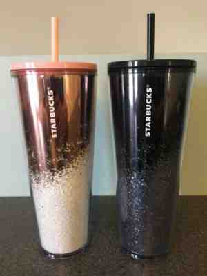 Starbucks 2019 Christmas Tumblers Cascading Snowflake Gold And Black Sparkle Lot - Sold on eBay Nov, 13th 2019 for $60.00