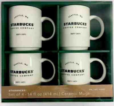 4 Starbucks Coffee Company Est'd 1971 Ceramic Mugs 14 fl oz White Great Gift Set - Sold on eBay Nov, 13th 2019 for $27.97