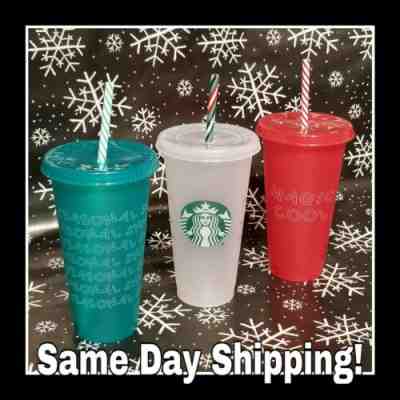 3 Starbucks 2019 Holiday Christmas Reusable Cold Cup Candy Cane Straw Venti 24oz - Sold on eBay Nov, 12th 2019 for $29.99