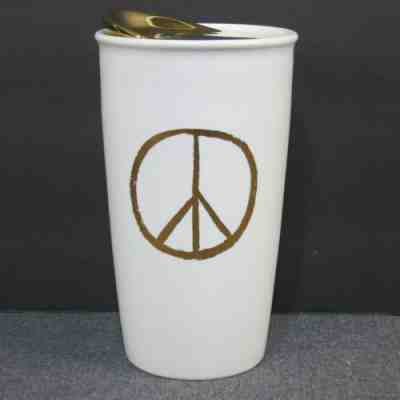 Starbucks Gold White Holiday Peace Sign Travel Mug Ceramic Tall Cup 12 oz 2015 - Sold on eBay Nov, 12th 2019 for $17.76