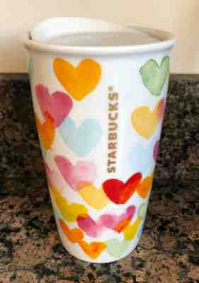 Starbucks 2015 Watercolor Hearts Ceramic Travel Mug Tumbler 10oz - Sold on eBay Nov, 12th 2019 for $24.50