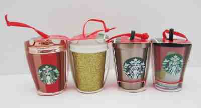 Starbucks 2018 Lot of 4 Christmas Tumbler Ornaments Glitter Stainless Ceramic - Sold on eBay Nov, 12th 2019 for $19.50