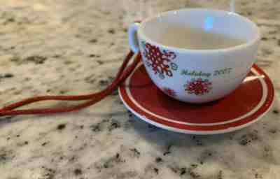 Starbucks Holiday 2007, Cup & Saucer Christmas Ornament, Red, White, Mint - Sold on eBay Nov, 12th 2019 for $15.00