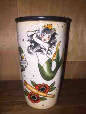 Starbucks Coffee 2015 Tattoo Siren Mermaid Ceramic Travel Tumbler Black Lid 12oz - Sold on eBay Nov, 12th 2019 for $57.00