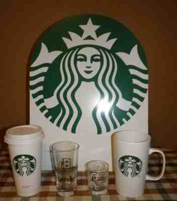 Starbucks Lot Sign 16 oz Handled Mug Recycle Cup w Lid 2 Oz & Doubleshot Glasses - Sold on eBay Nov, 11th 2019 for $25.00