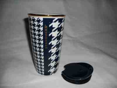 Starbucks Travel Coffee Mug Cup 2015 Houndstooth Navy Gold Trim 12oz Drink NWOB - Sold on eBay Nov, 11th 2019 for $23.24
