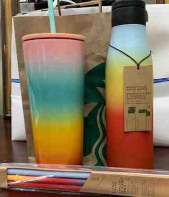 Starbucks Summer Rainbow Tumbler & Rainbow Magnetic Lid Water Bottle 20oz&Straws - Sold on eBay Nov, 11th 2019 for $50.00