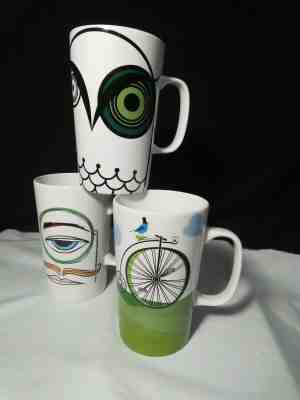 2014 Starbucks Set of 3 Green-Eyed Owl, Monocle, & Bicycle- 3 Tall Mugs 16 Oz  - Sold on eBay Nov, 11th 2019 for $47.00