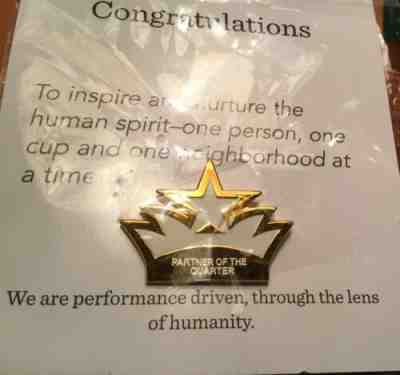 Rare Starbucks Partner Apron Pin    Partner Of The Quarter - Sold on eBay Nov, 11th 2019 for $29.95