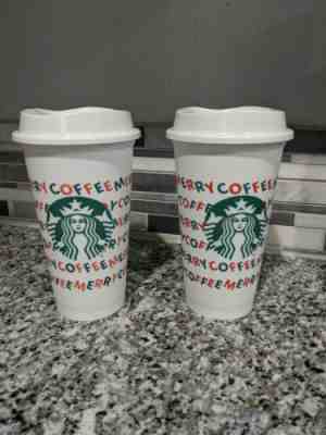 Lot of 2 Starbucks 2019 Holiday Reusable Hot Cup 16 oz Plastic Cup Merry Coffee - Sold on eBay Nov, 11th 2019 for $18.99